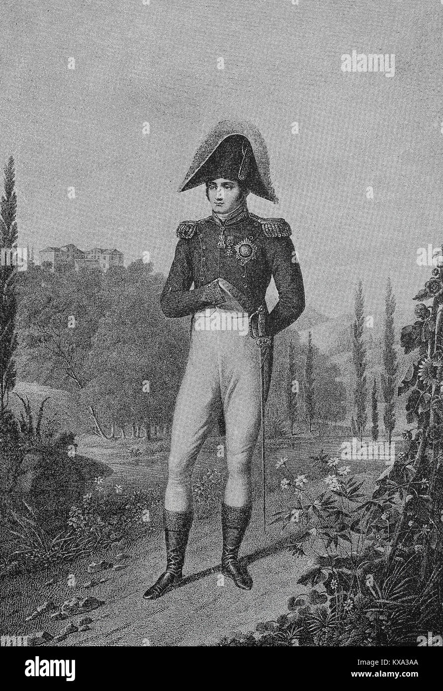 Jerome-Napoleon Bonaparte, born Girolamo Buonaparte, 15 November 1784 - 24 June 1860, was the youngest brother of Napoleon I and reigned as Jerome I, formally Hieronymus Napoleon, King of Westphalia, between 1807 and 1813, French, digital improved reproduction from an original woodcut or illustration from the year 1880 Stock Photo