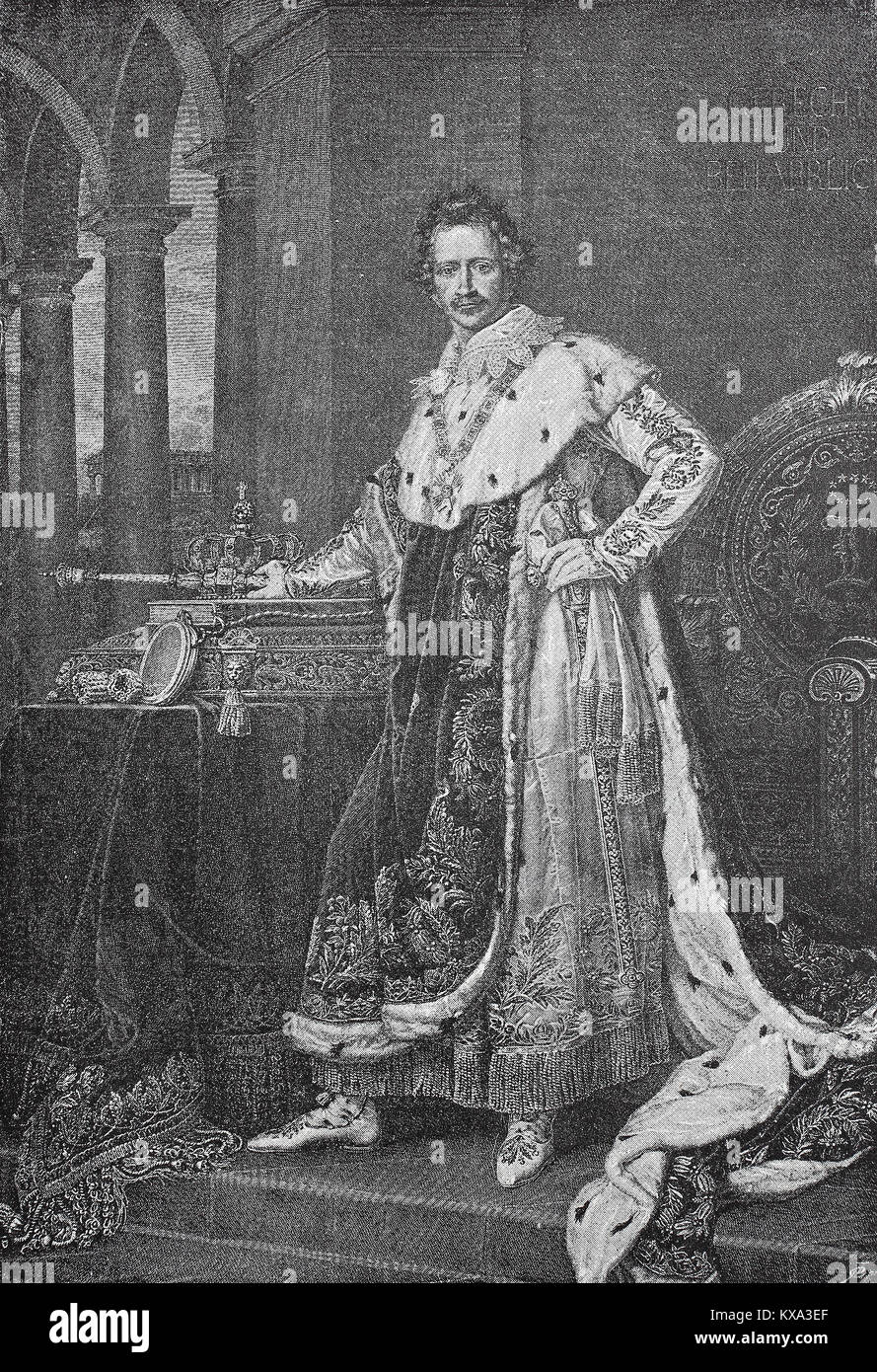 Ludwig I,  25 August 1786 - 29 February 1868, was king of Bavaria from 1825 until the 1848 revolutions in the German states, painting by Joseph Karl Stieler, 1826, depiction in the coronation robe, digital improved reproduction from an original woodcut or illustration from the year 1880 Stock Photo