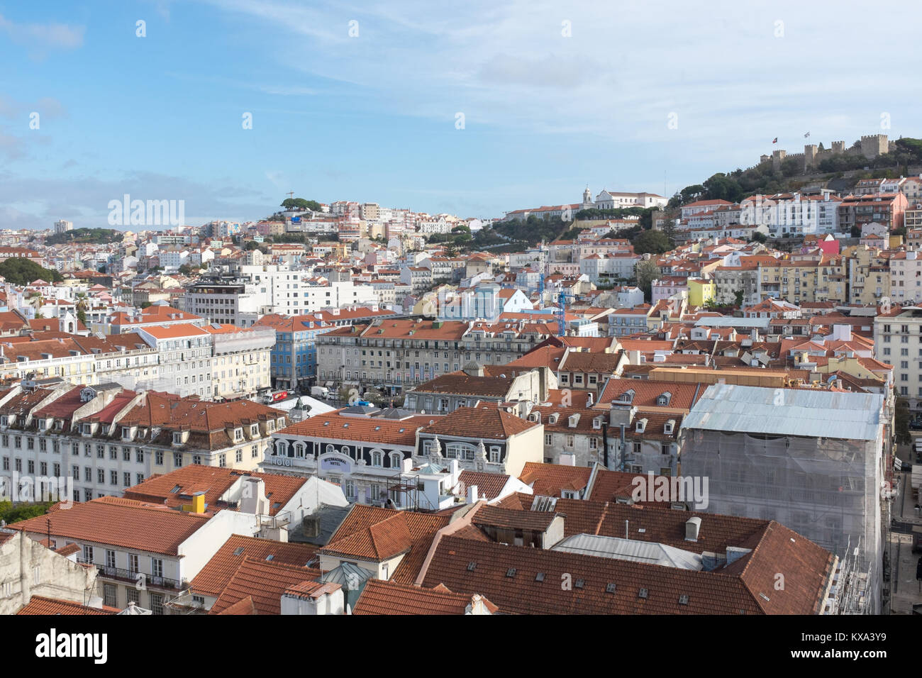 View over the rooftops of Lisbon, Portugal from the elevator de santa justa or santa just a lift which was built in 1902 to connect lower streets Stock Photo