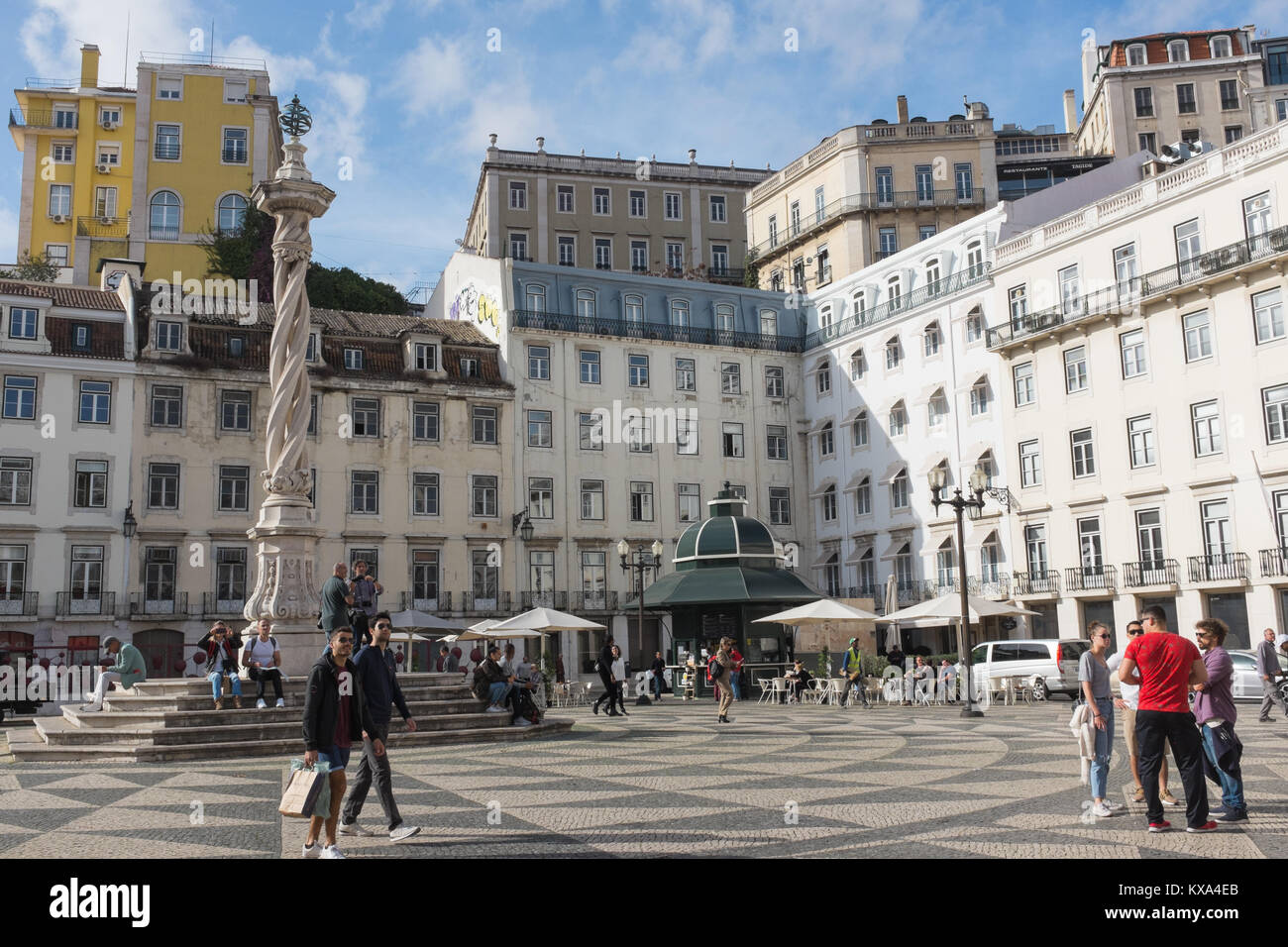 Praca do Municipio or Municipal Square in Lisbon with decorative tiles and tall statue Stock Photo