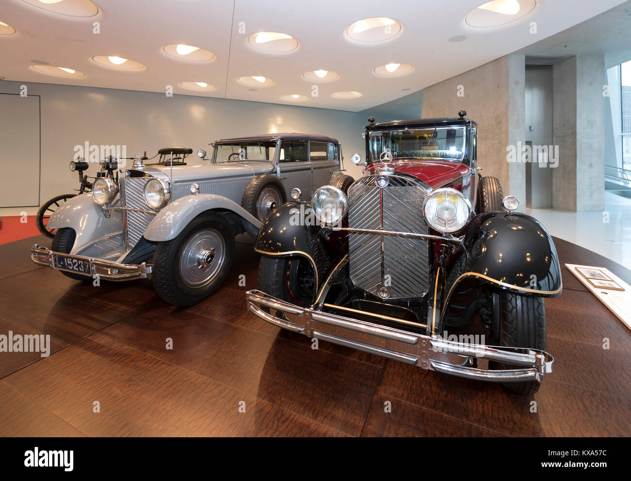 Cars from the Mercedes Museum Collection.Left the car from the last German Kaiser Wilhelm II and right the car of the Japanese Emperor Hirohito. Stock Photo