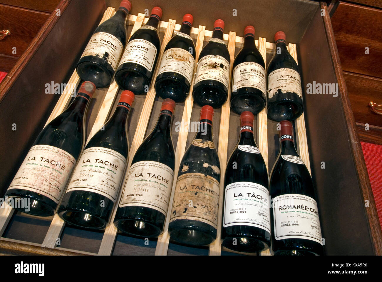 La Tache & Romanée Conti fine rare expensive Burgundy bottles from 1959 to 2001 in exclusive private cellar collection Vosne Romanée Beaune Burgundy Stock Photo