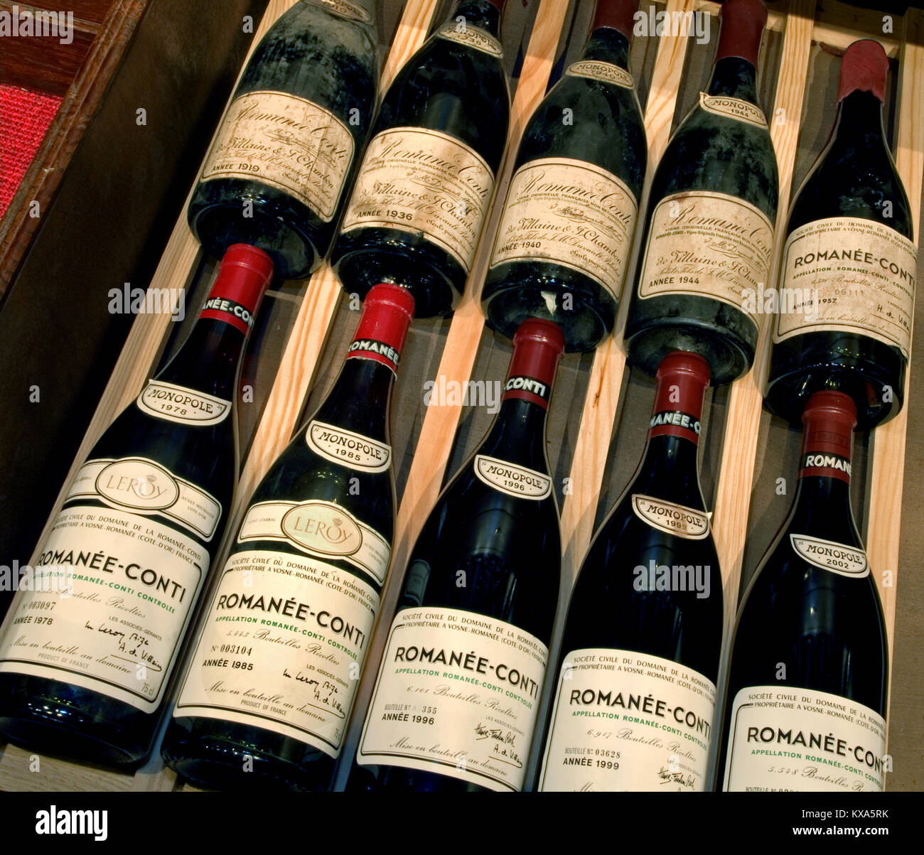 Romanée-Conti fine rare valuable Burgundy bottles from 1919 to 2002 laid down in a private cellar collection Vosne Romanée Burgundy France Stock Photo