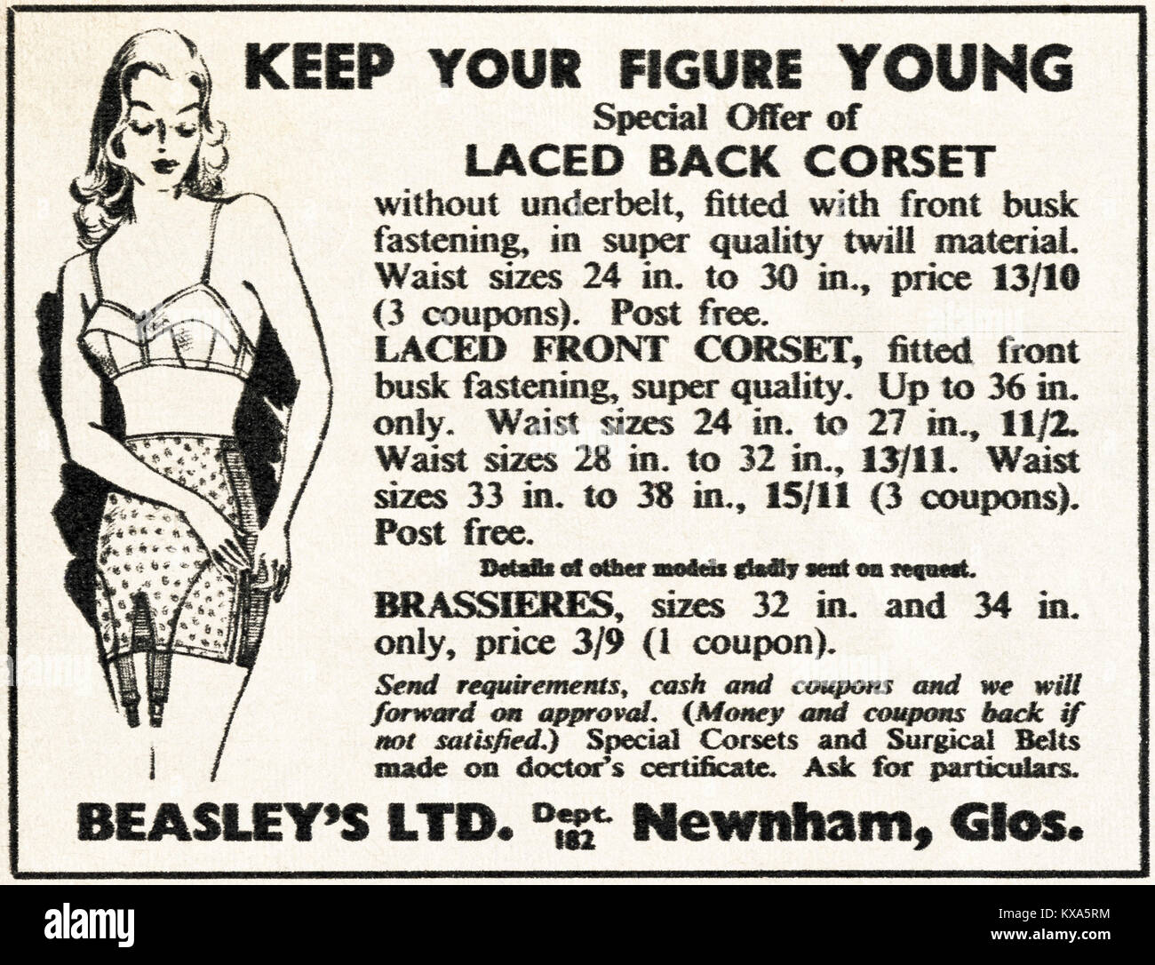 1940s old vintage original advert advertising corsets by Beasley's Ltd of Newnham Gloucestershire England UK in magazine circa 1947 when supplies were still restricted under postwar rationing Stock Photo