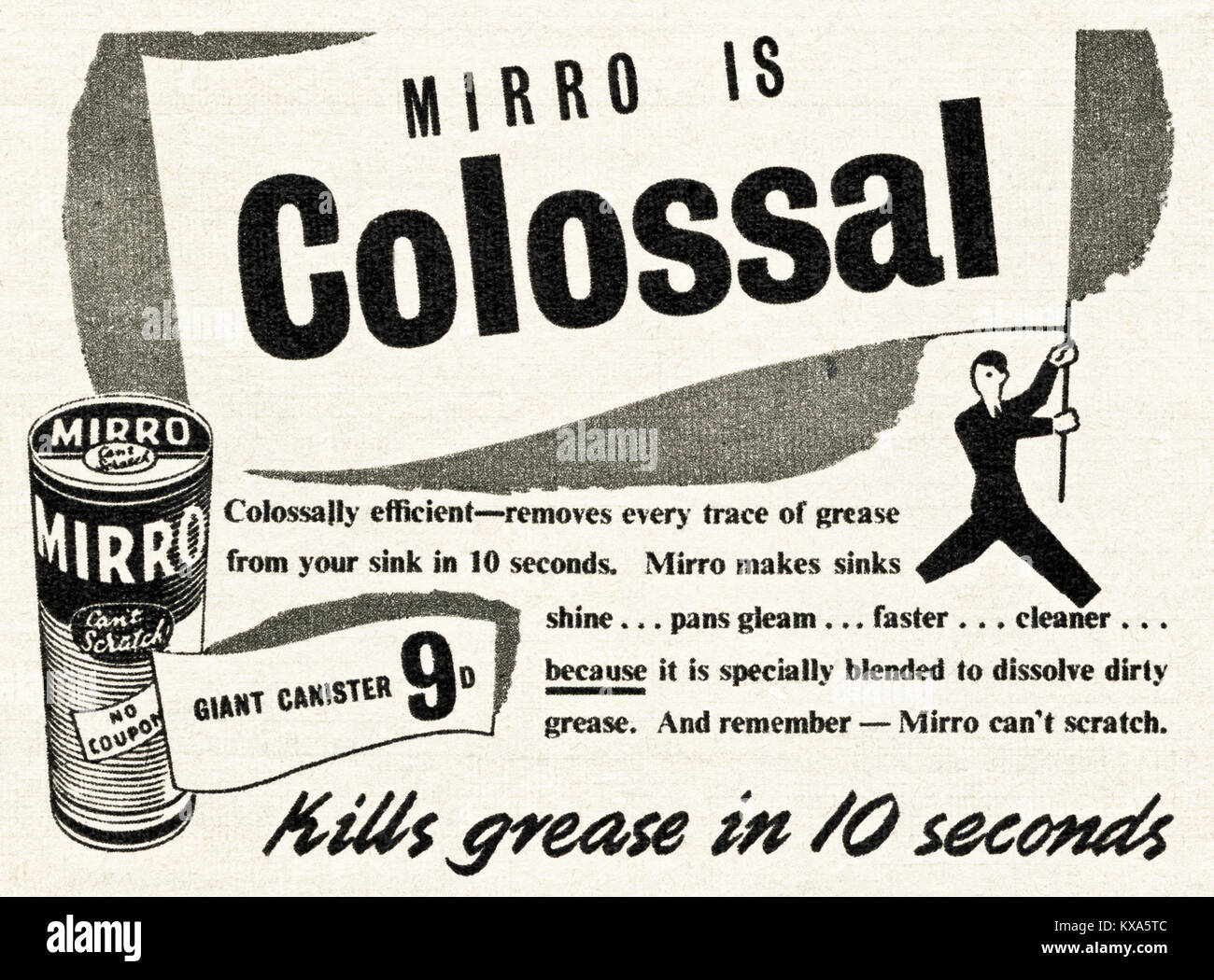 1940s old vintage original advert advertising Mirro kitchen cleaner in magazine circa 1947 when supplies were still restricted under postwar rationing Stock Photo