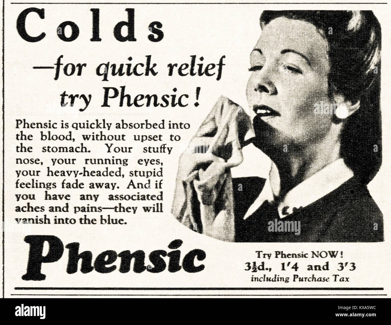 1940s old vintage original advert advertising Phensic for relief for colds in magazine circa 1947 when supplies were still restricted under postwar rationing Stock Photo