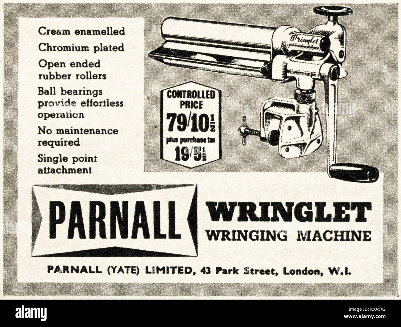 1940s old vintage original advert advertising Parnall Wringlet wringing machine for washing household clothes in magazine circa 1947 when supplies were still restricted under postwar rationing Stock Photo