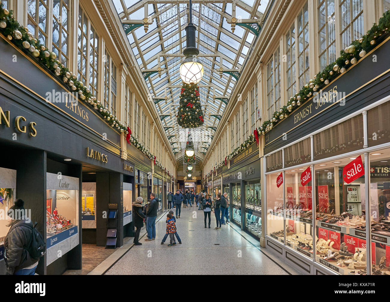 The Argyll Arcade, a diamond jewellery centre in the city center of Glasgow with Christmas decorations on. Stock Photo