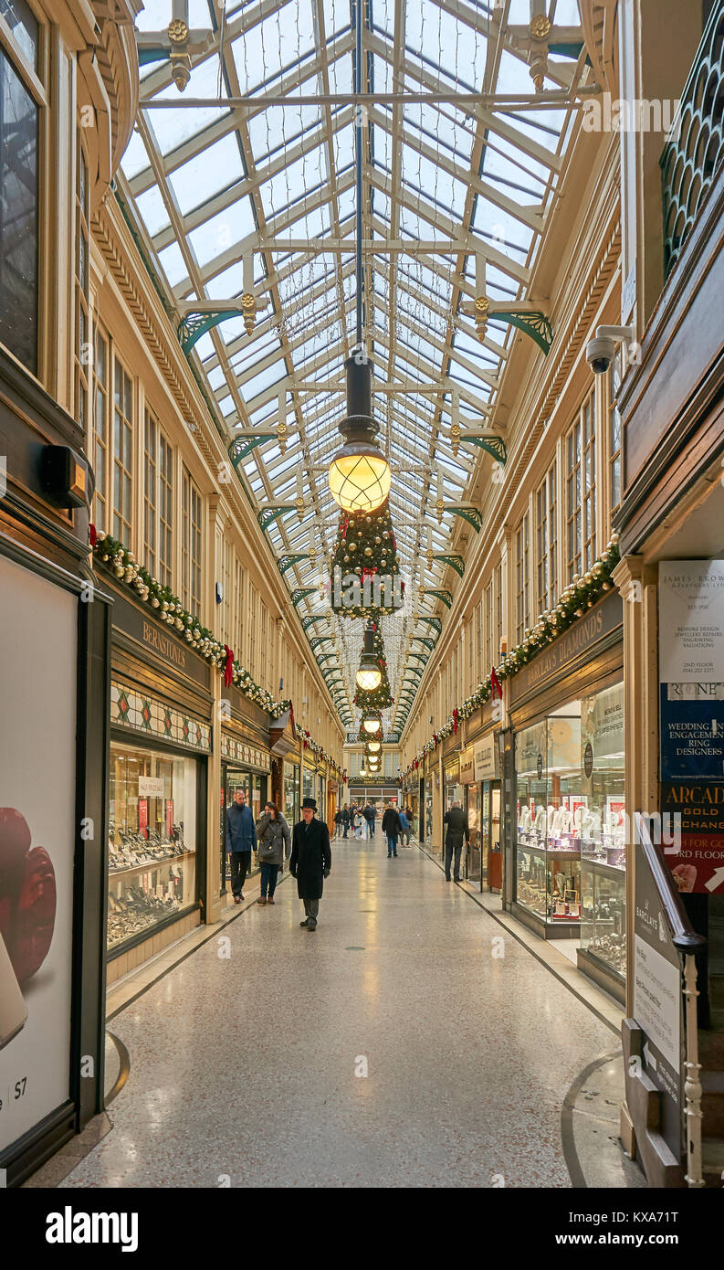 The Argyll Arcade, a diamond jewellery centre in the city center of Glasgow with Christmas decorations on. Stock Photo