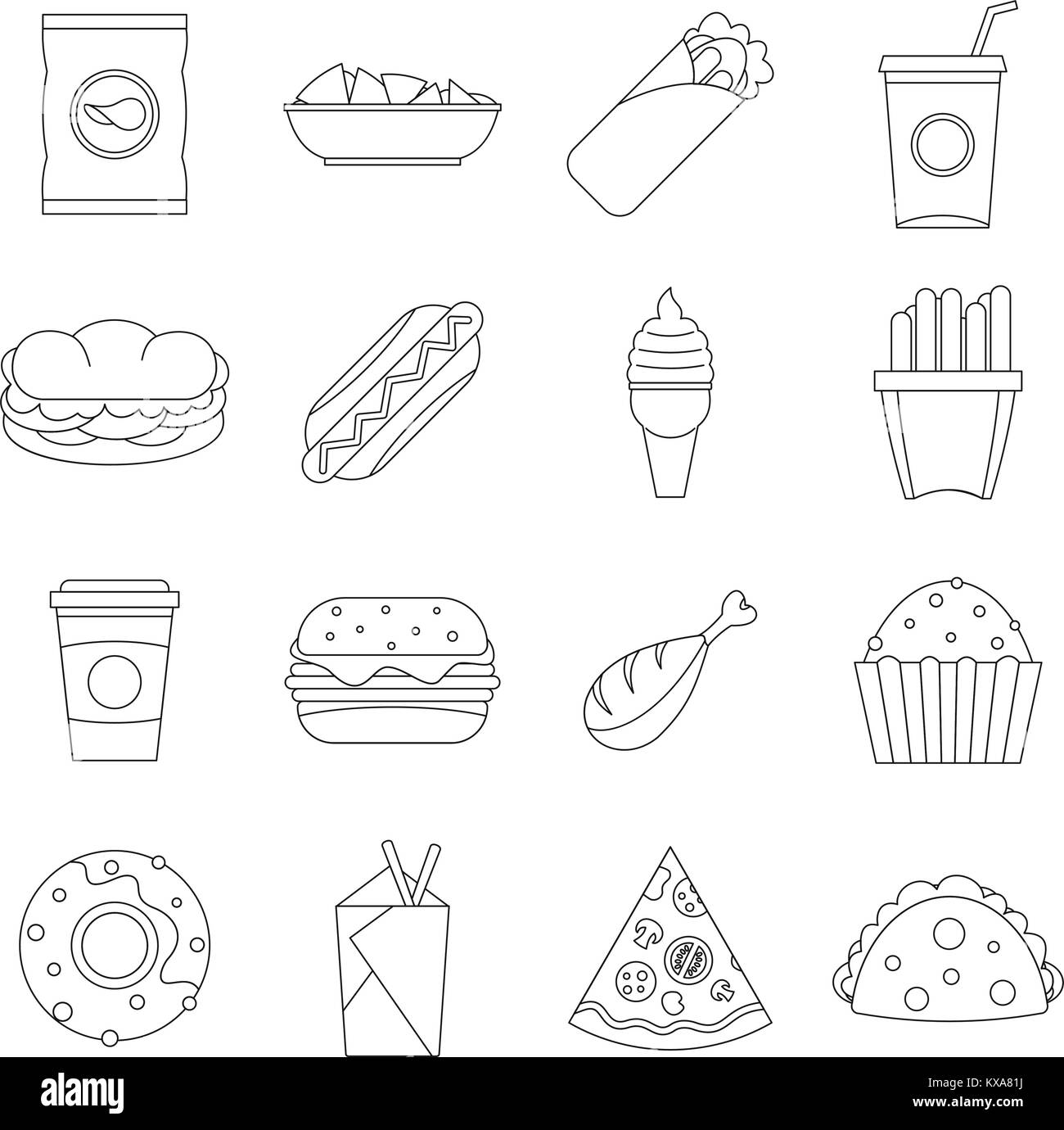Fast food icons set, outline style Stock Vector