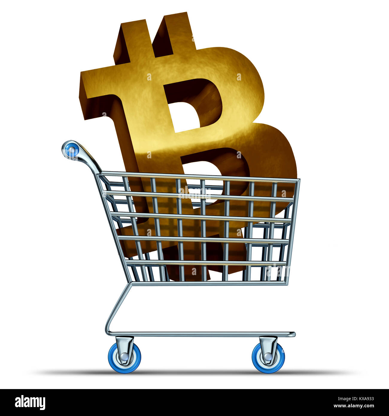 Bitcoin shopping and cryptocurrency commerce as a shop cart with a golden crypto currency symbol as an internet banking and money trading. Stock Photo