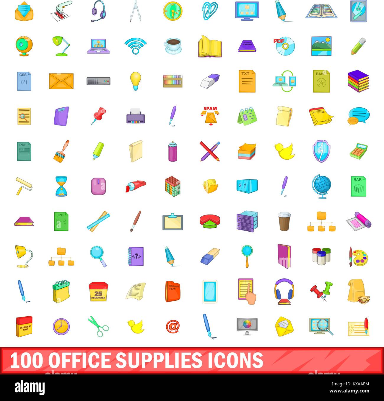 100 office supplies icons set, cartoon style Stock Vector Image & Art ...