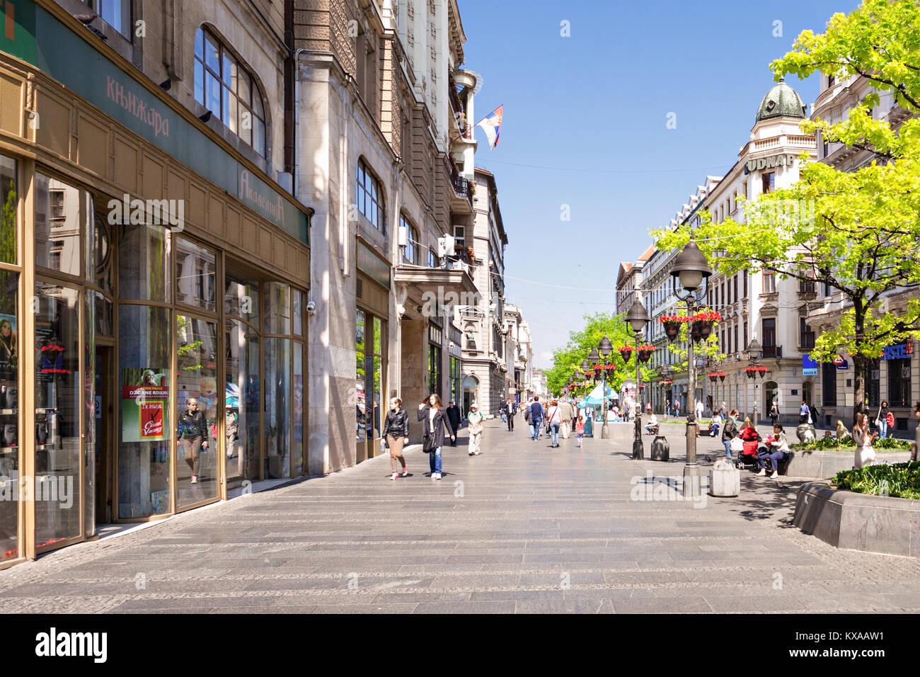 BELGRADE, SERBIA - MAY 15: Knez Mihailova Street on May, 15, 2013, Belgrade, Serbia. It is the main pedestrian and shopping zone in Belgrade. Stock Photo