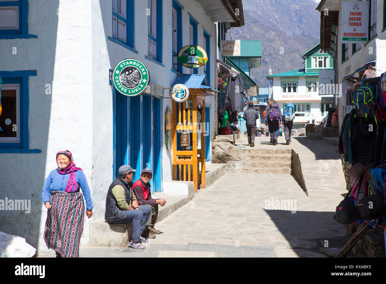 Street view of Lukla, a mountain village in the Nepalese Himalaya and starting point of the famous multi day Everest Base Camp trek through the Khumbu Valley. Stock Photo