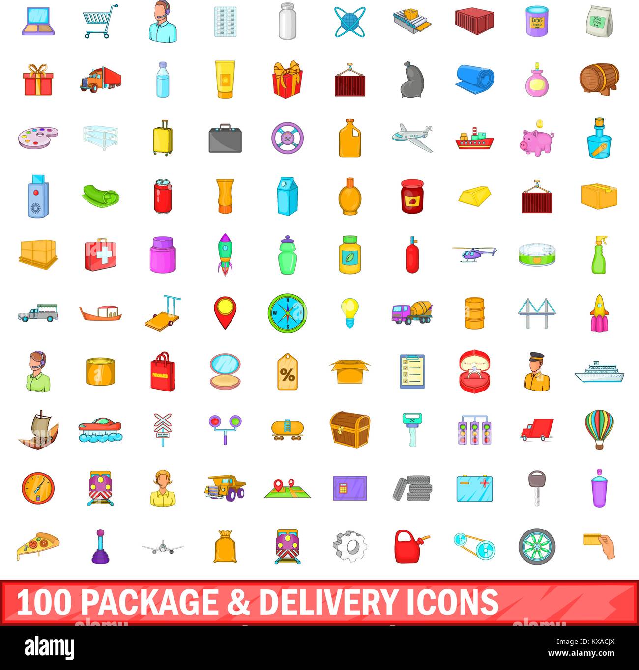 100 package and delivery icons set, cartoon style Stock Vector Image ...