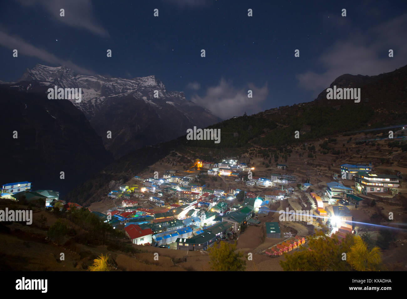 Light falls over Namche Bazar, the capital of the Khumbu Valley. Stock Photo