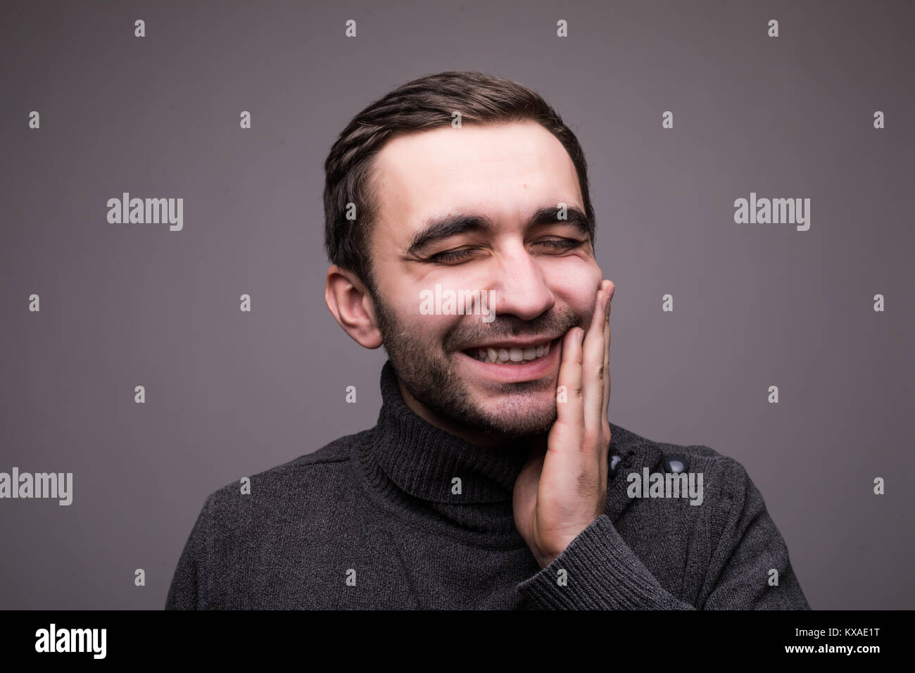Closeup portrait of young man with tooth ache crown problem about to