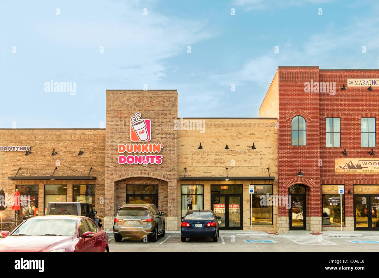 The entrance and exterior storefront of Dunkin' Donuts in Oklahoma City, Oklahoma, USA. Stock Photo