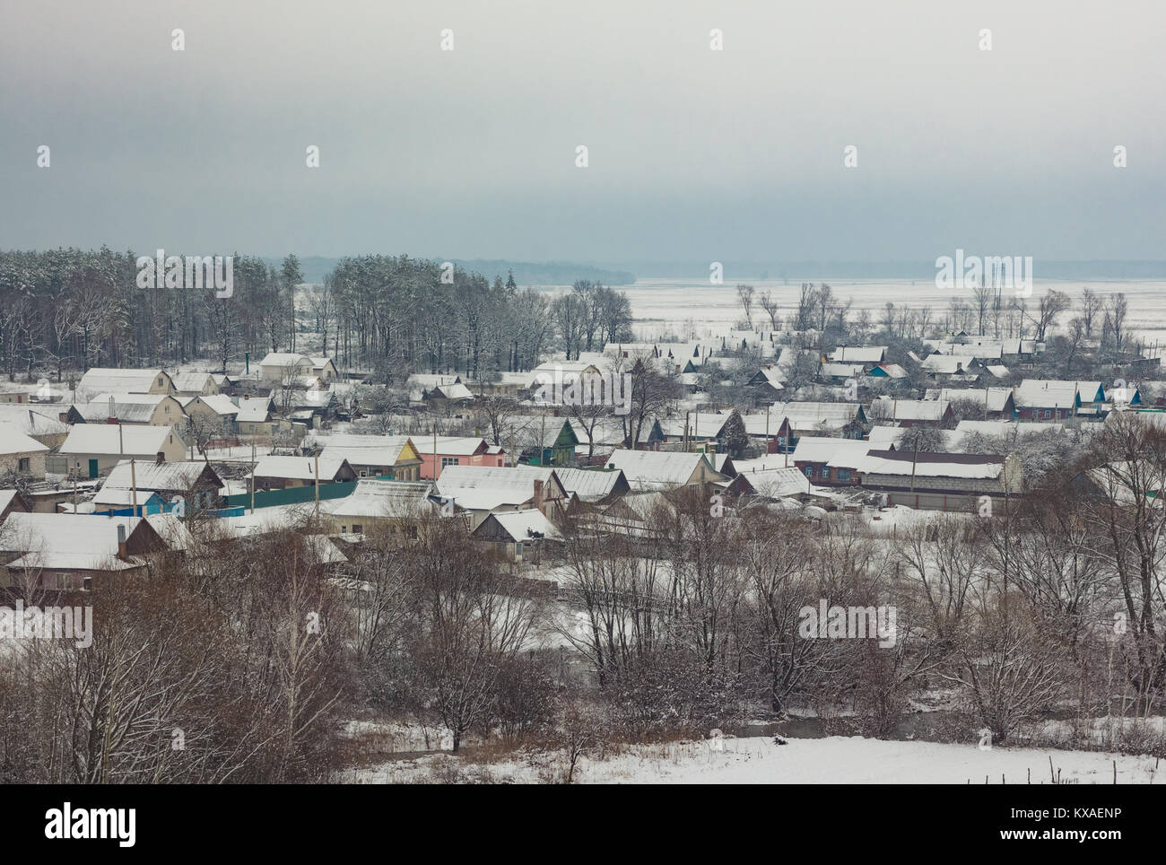 Planning countryside houses covered with snow Stock Photo - Alamy