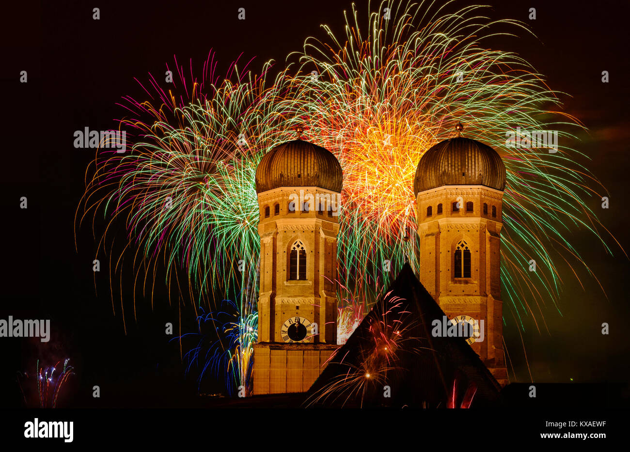 Cathedral,Frauenkirche,New Year's Eve fireworks,New Year's Eve,Munich,Bavaria,Germany Stock Photo