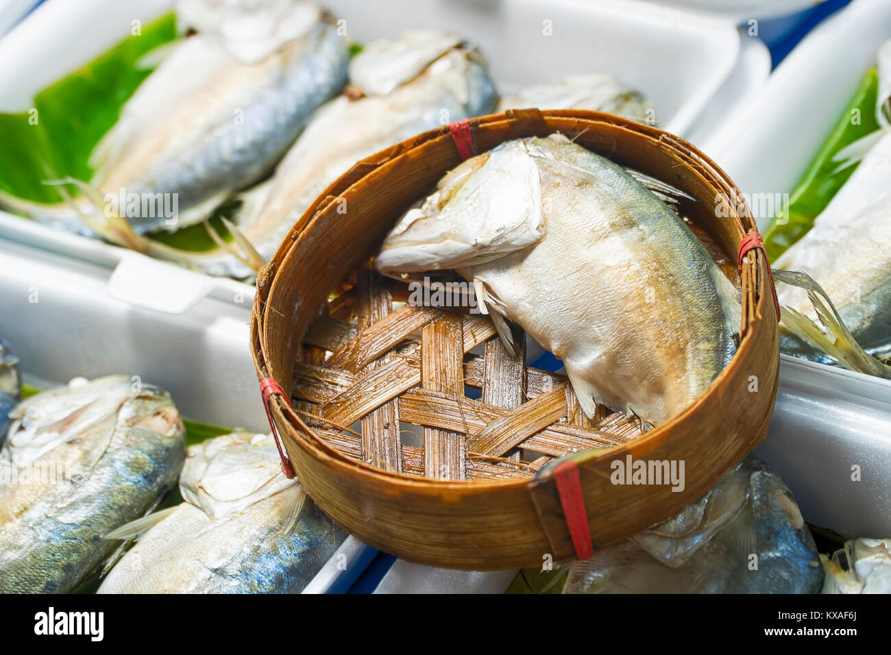 Mackerel fish in bamboo basket at market,Thailand Stock Photo Alamy