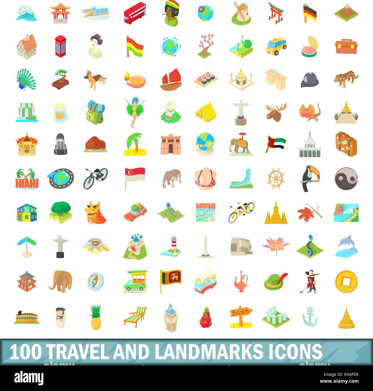 100 travel and landmarks icons set, cartoon style Stock Vector Image ...
