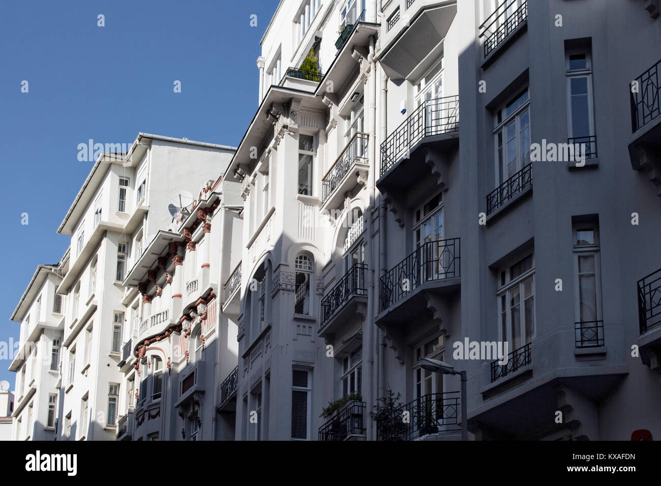 View of old, historical, typical buildings in Nisantasi neighborhood of Istanbul. The image reflects early 20th century architectural style. Stock Photo