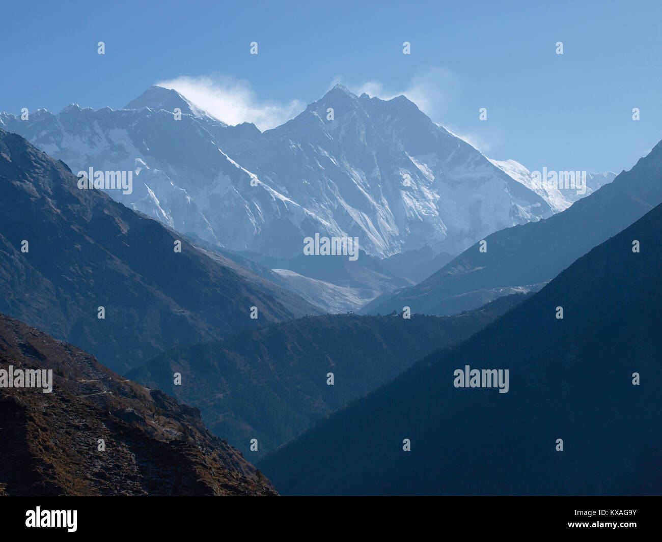 View on Mount Everest, the highest peak in world, as seen from Namche Bazar, Khumbu, Nepal Stock Photo