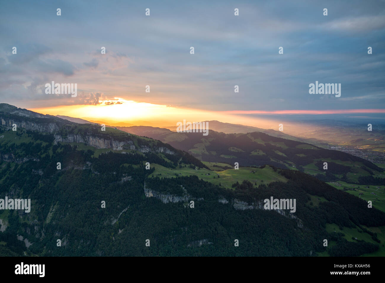 View of Ebenalp and Äscher from Alpsigel at sunset, Brülisau, Appenzell Innerrhoden, Switzerland Stock Photo