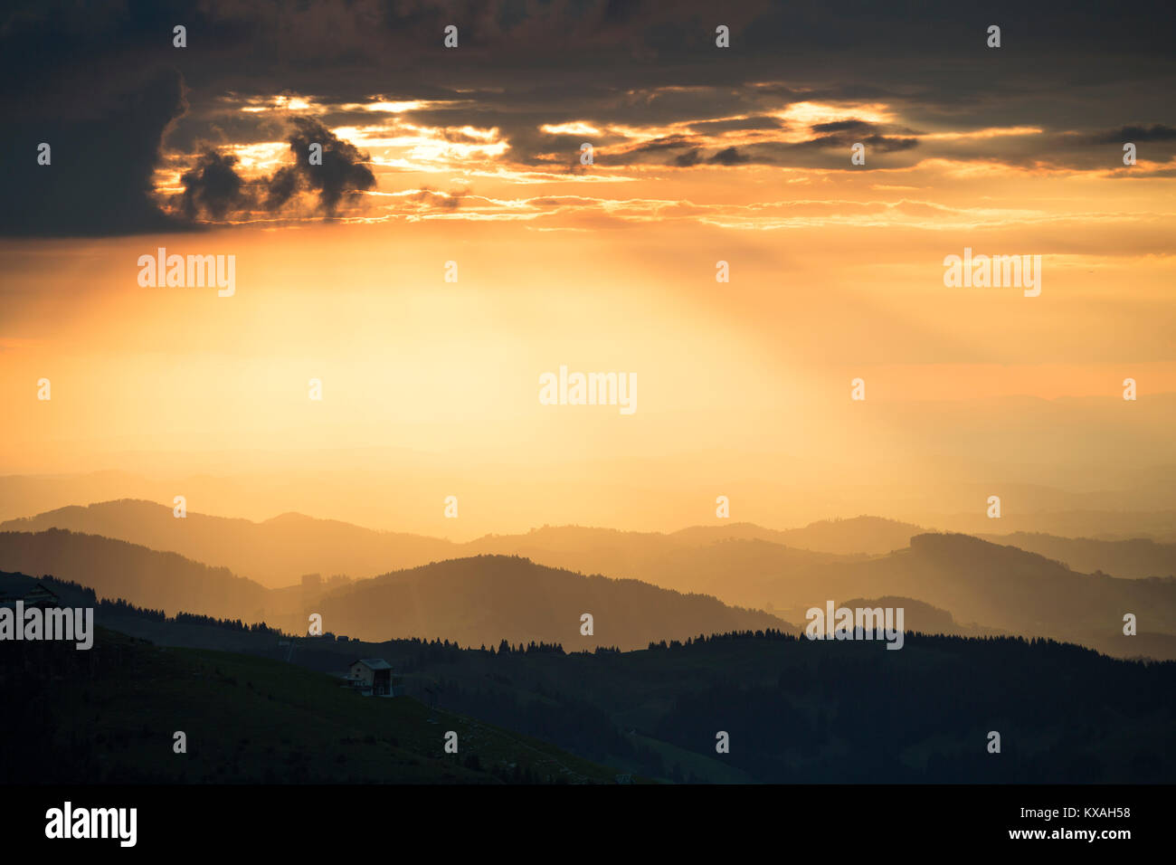 View to Ebenalp from Alpsigel at sunset, Brülisau, Appenzell Innerrhoden, Switzerland Stock Photo