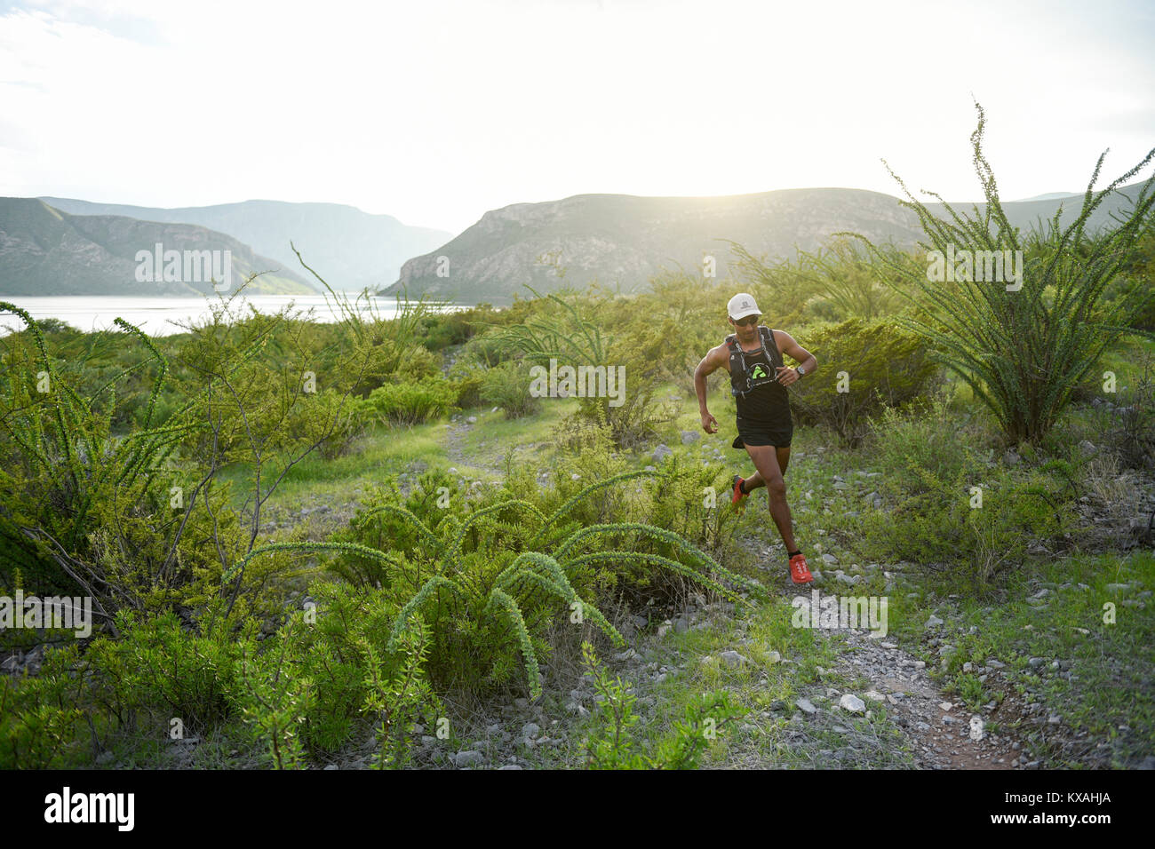 Man trail running in area of Presa Zarco in Durango, Mexico Stock Photo