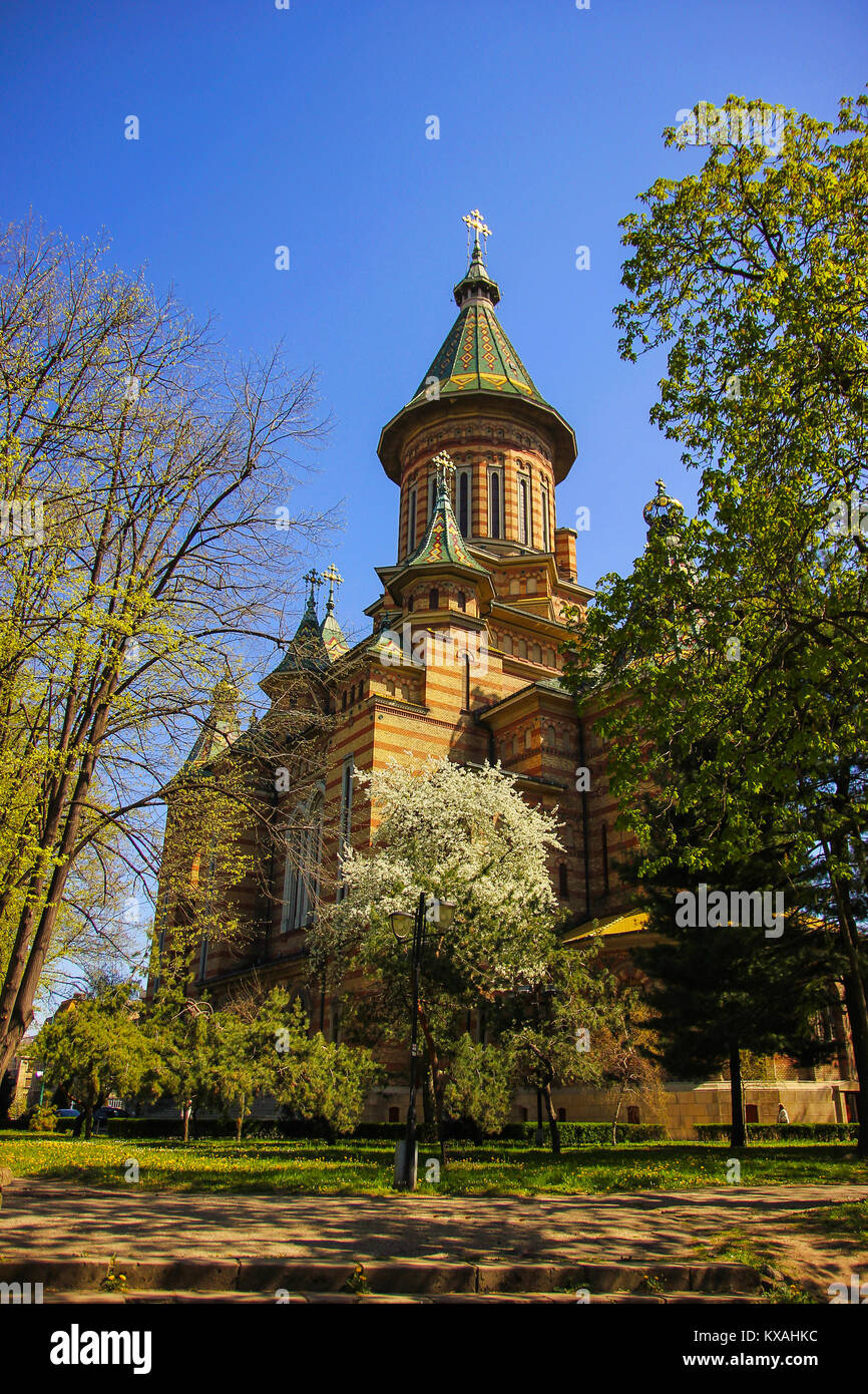 Back view of the Orthodox Metropolitan Cathedral from the nearby park in Timisoara, Timis County, Romania Stock Photo