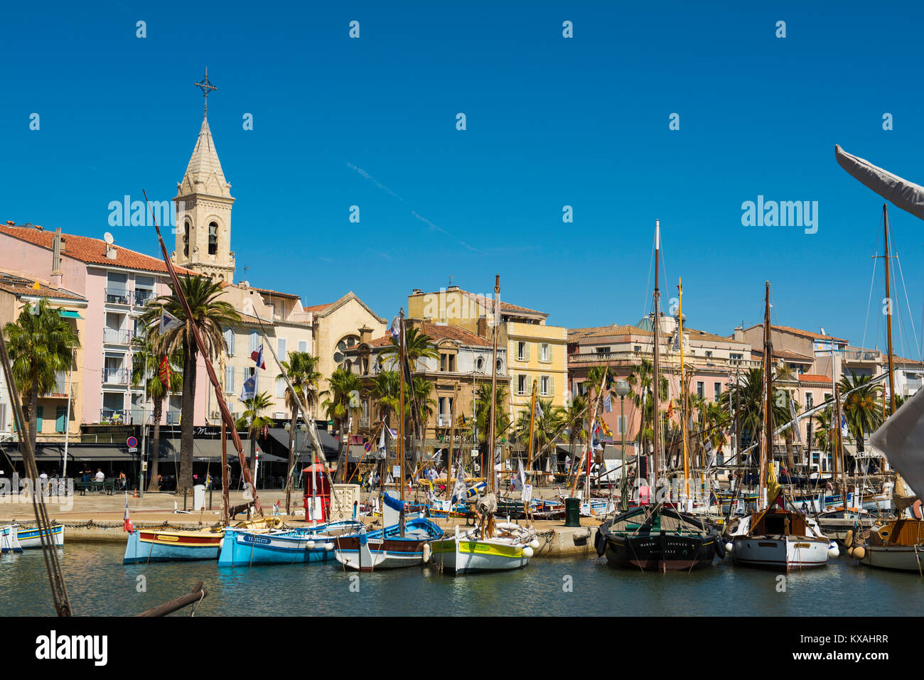 Port with historic fishing boats, Sanary-sur-Mer, Provence-Alpes-Côte d' Azur, France Stock Photo