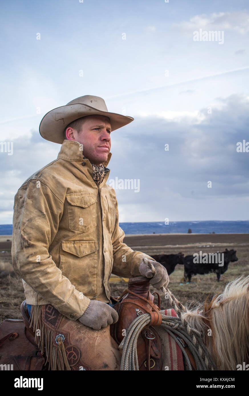 Portrait of rancher horseback riding against clouds, Oregon, USA Stock Photo