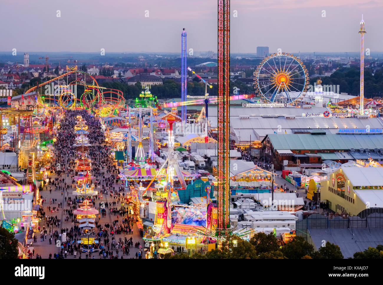 View over the Oktoberfest, Wiesn, Munich, Upper Bavaria, Bavaria, Germany Stock Photo