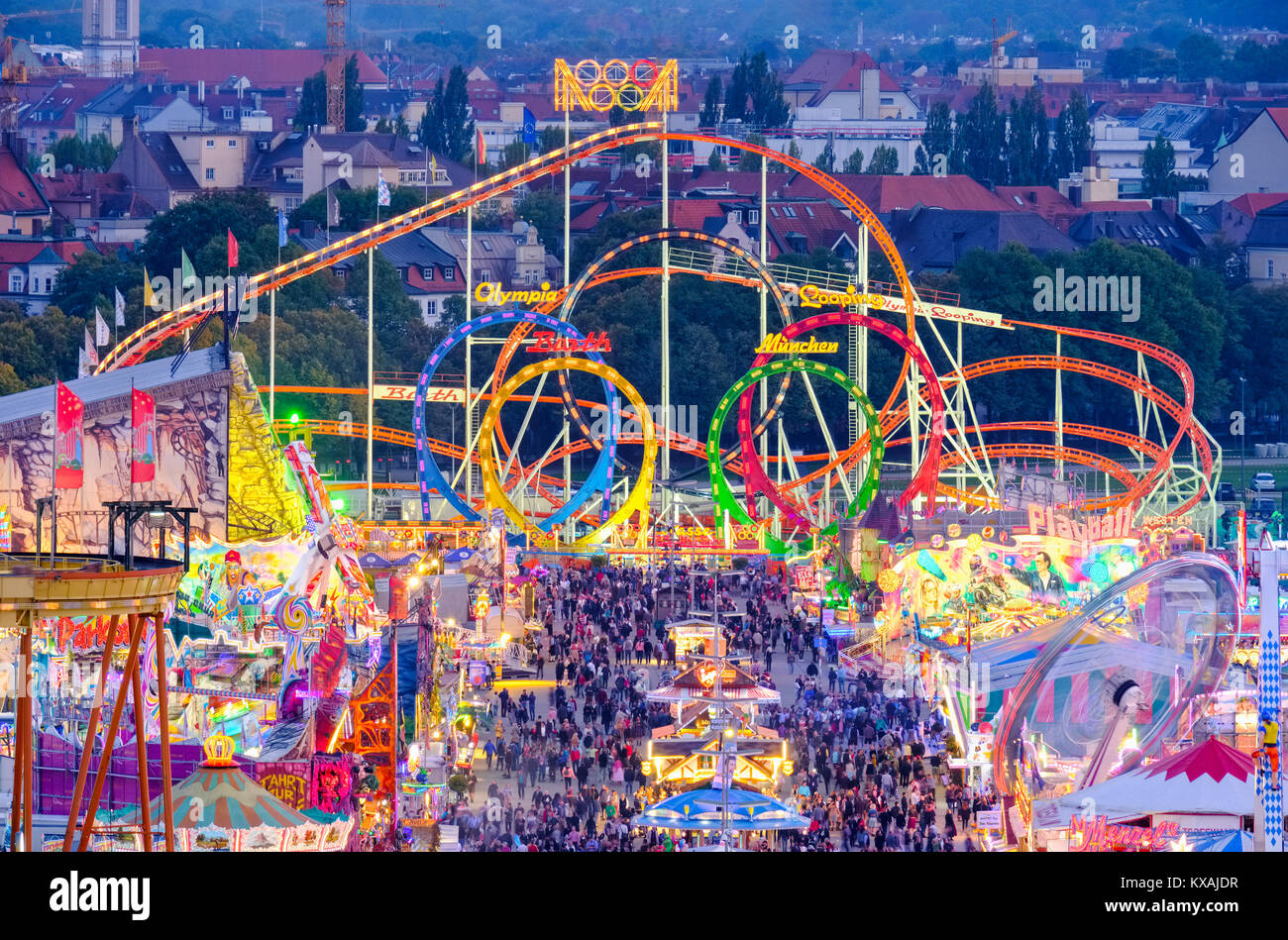 View over the Oktoberfest, Wiesn, Munich, Upper Bavaria, Bavaria, Germany Stock Photo