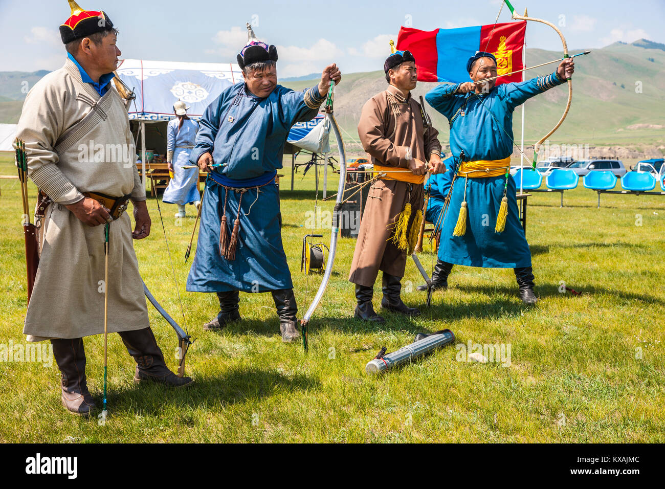Mongolian archery at Naadam Festival, Bulgan, Central Mongolia, Mongolia Stock Photo