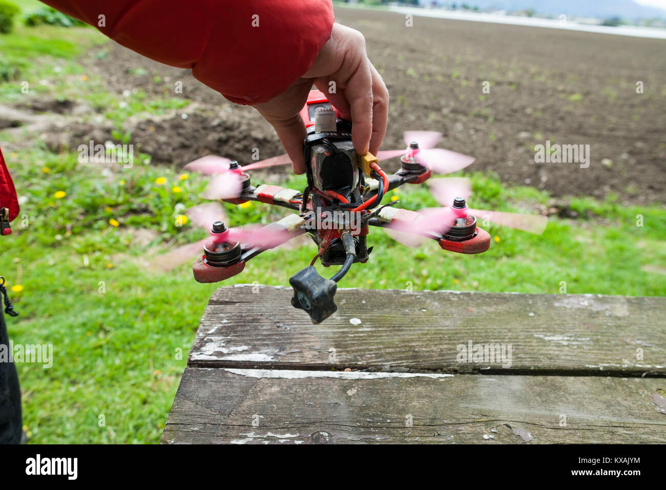Drone racing pilot testing device, Chilliwack, British Columbia, Canada Stock Photo