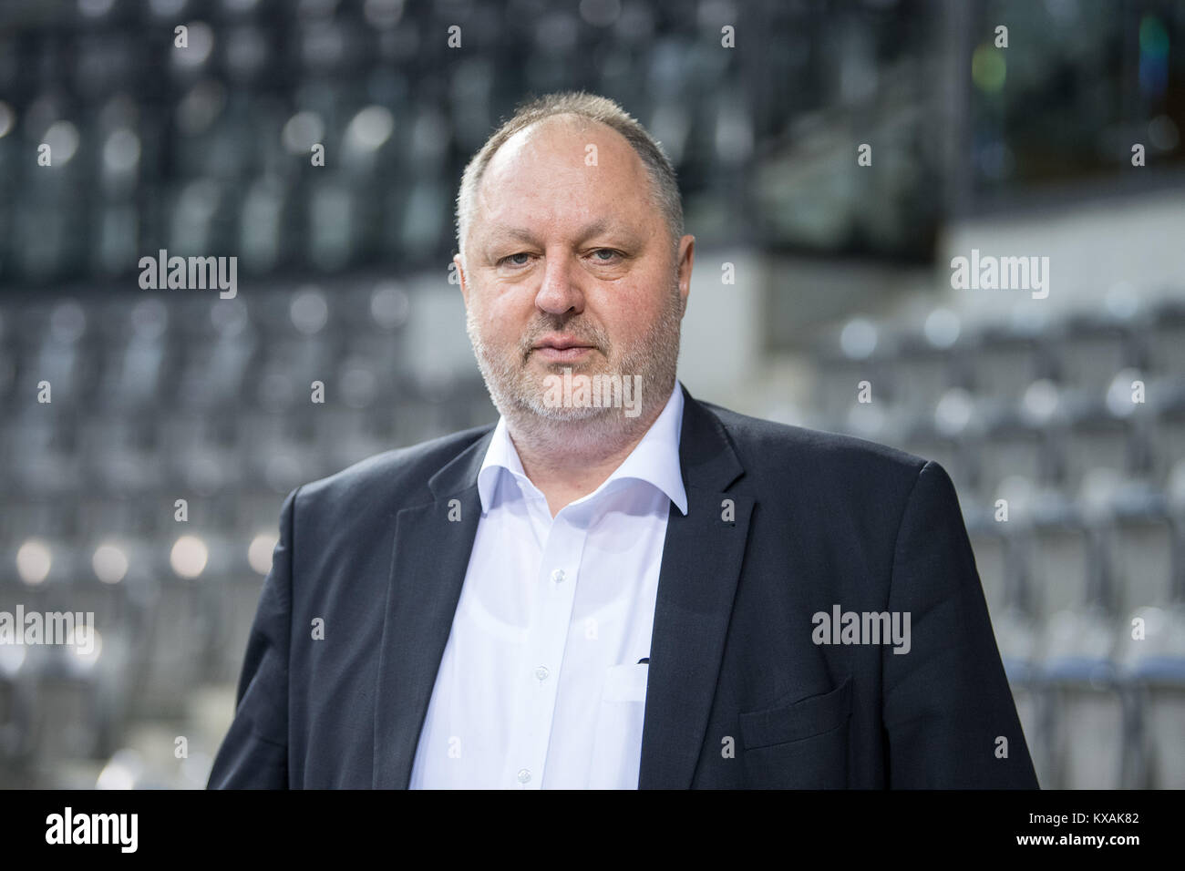 Andreas Michelmann, president of the German handball national team, looks into the camera during a team's press conference in Stuttgart, Germany, 4 January 2018. Photo: Sebastian Gollnow/dpa Stock Photo