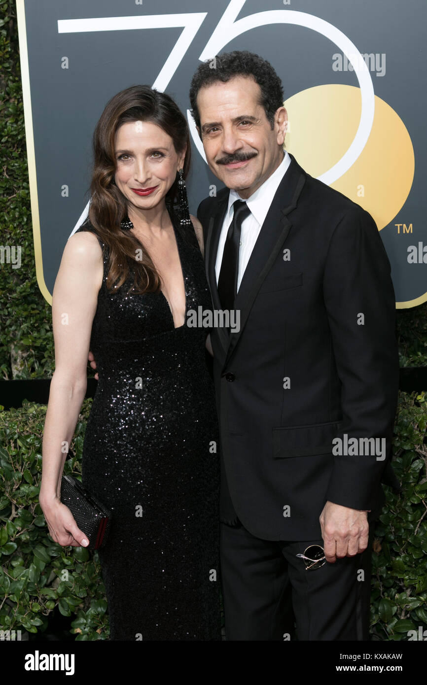 Marin Hinkle and Tony Shaloub attend the 75th Annual Golden Globe Awards, Golden Globes, at Hotel Beverly Hilton in Beverly Hills, Los Angeles, USA, on 07 January 2018. -NO WIRE SERVICE- Photo: Hubert Boesl/dpa Stock Photo