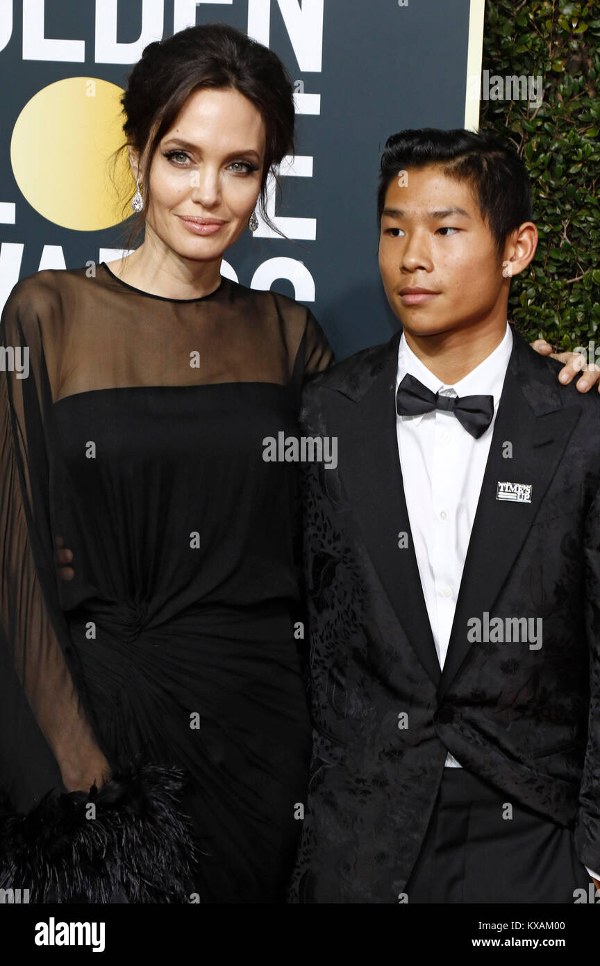 Angelina Jolie and her son Pax Thien Jolie-Pitt attend the 75th Annual Golden Globe Awards held at the Beverly Hilton Hotel on January 7, 2018 in Beverly Hills, California. Stock Photo