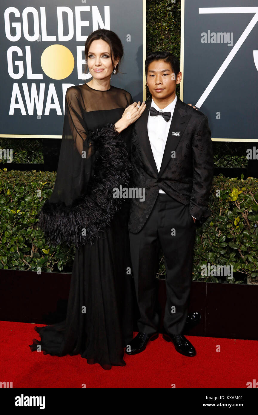 Angelina Jolie and her son Pax Thien Jolie-Pitt attend the 75th Annual Golden Globe Awards held at the Beverly Hilton Hotel on January 7, 2018 in Beverly Hills, California. Stock Photo