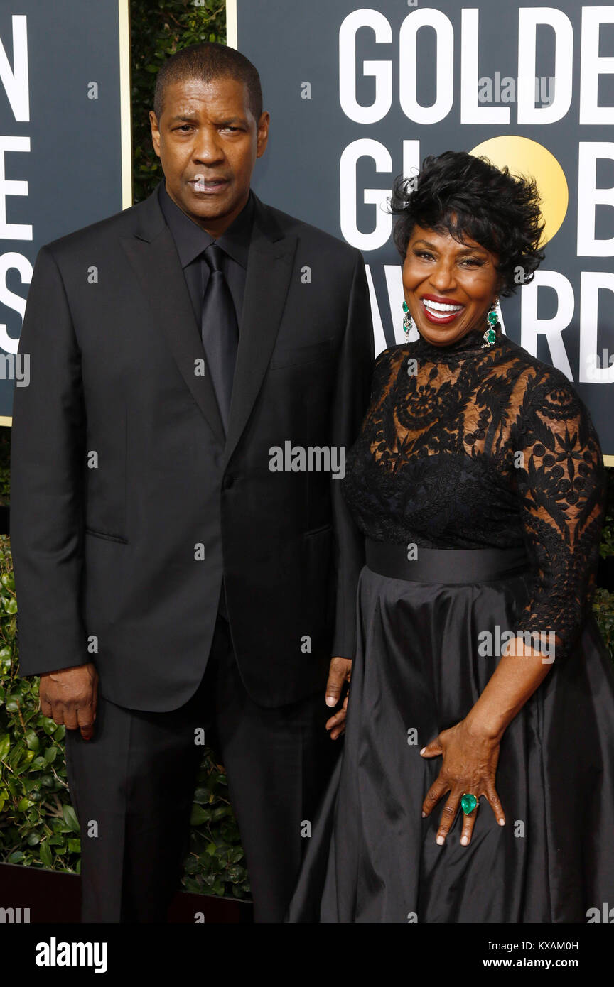 Denzel Washington and his wife Pauletta Washington attend the 75th Annual Golden Globe Awards held at the Beverly Hilton Hotel on January 7, 2018 in Beverly Hills, California. Stock Photo