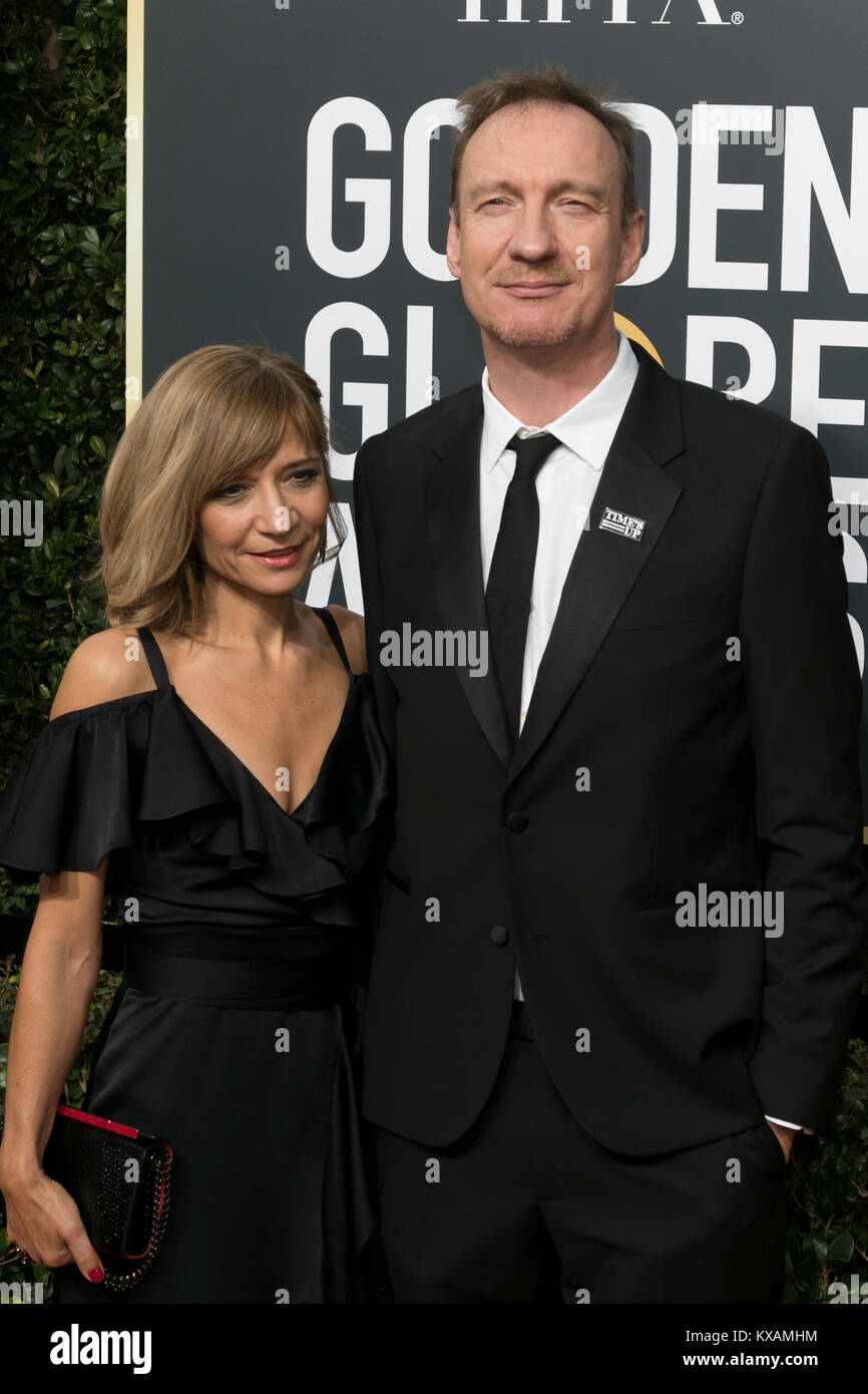 Los Angeles, USA. 07th Jan, 2018. David Thewlis and guest attend the 75th Annual Golden Globe Awards, Golden Globes, at Hotel Beverly Hilton in Beverly Hills, Los Angeles, USA, on 07 January 2018. · NO WIRE SERVICE · Credit: Hubert Boesl/dpa/Alamy Live News Stock Photo