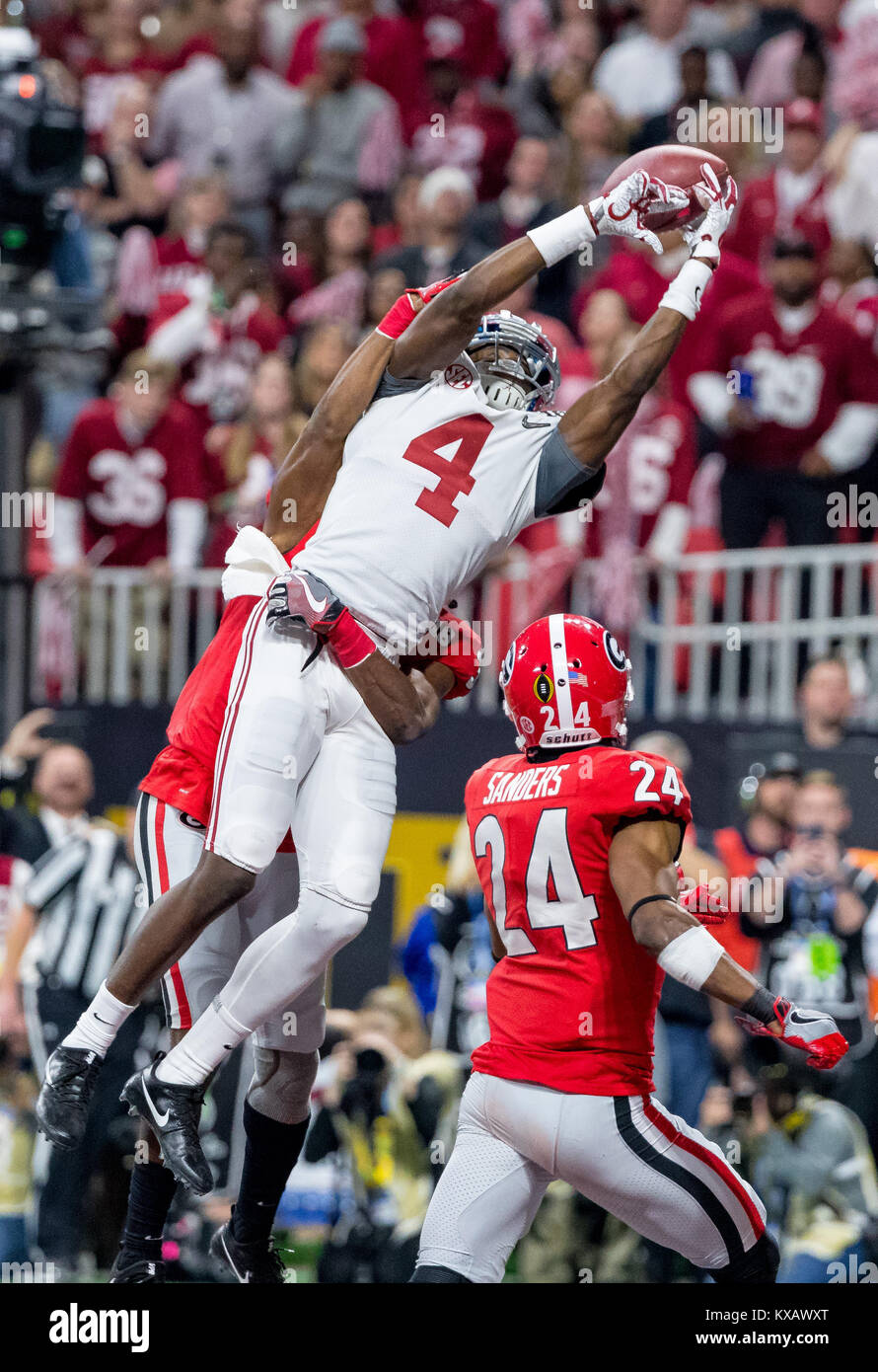 Atlanta, GA, USA. 9th Jan, 2018. Alabama Crimson Tide wide receiver Jerry  Jeudy (4) cannot make the catch in the 2018 College Football National  Championship at Mercedes-Benz Stadium in Atlanta, GA. (Scott