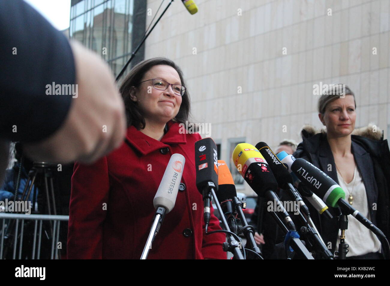 Berlin, Germany. 9th Jan, 2018. Pictures of the “Exploratory talk” (Sondierungsgespräch), Featuring: Andrea Nahles, Where: Berlin /Germany, When: 09.01.2018 Credit: Tahsin Ocak/Alamy Live News Stock Photo