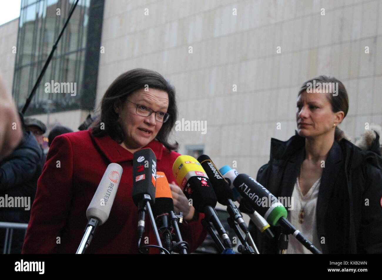 Berlin, Germany. 9th Jan, 2018. Pictures of the “Exploratory talk” (Sondierungsgespräch), Featuring: Andrea Nahles, Where: Berlin /Germany, When: 09.01.2018 Credit: Tahsin Ocak/Alamy Live News Stock Photo