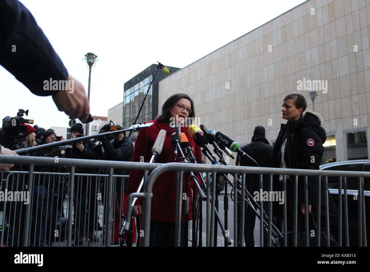 Berlin, Germany. 9th Jan, 2018. Pictures of the “Exploratory talk” (Sondierungsgespräch), Featuring: Andrea Nahles, Where: Berlin /Germany, When: 09.01.2018 Credit: Tahsin Ocak/Alamy Live News Stock Photo