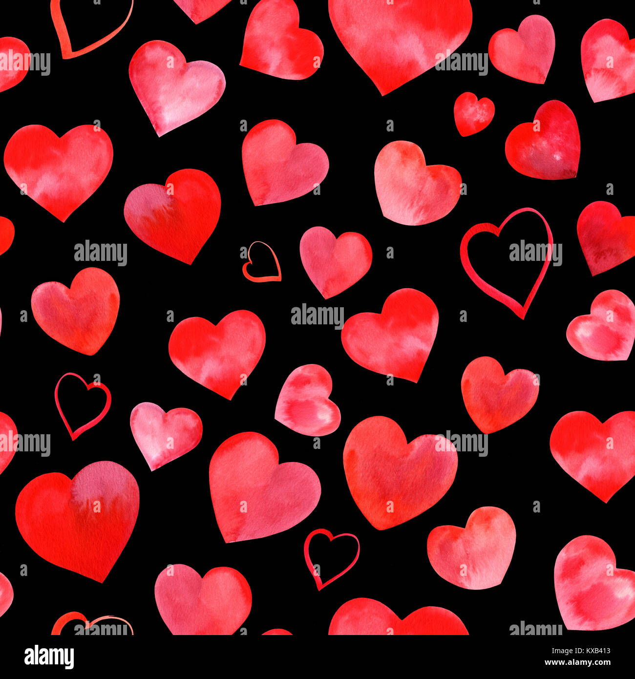 Seamless pattern of watercolor red hearts on black, Valentine print ...