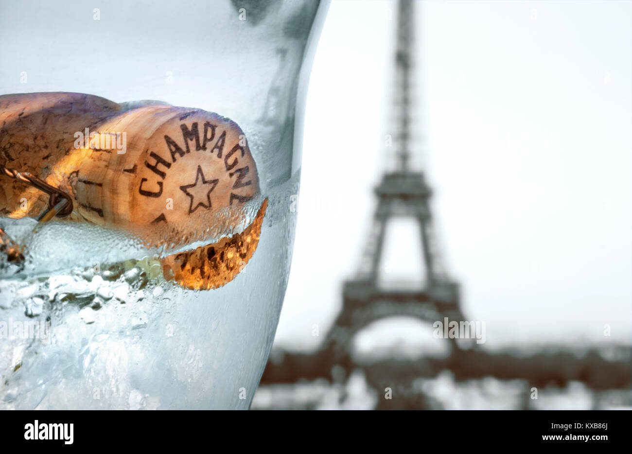 PARIS RETRO CHAMPAGNE EIFFEL TOWER French champagne cork floating in ice wine cooler with Eiffel Tower in background Paris France Stock Photo